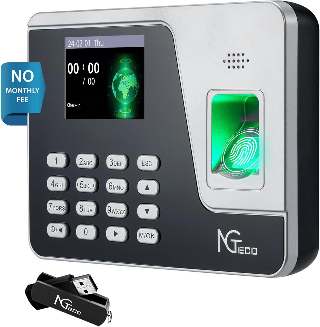 NGTeco Time Clocks for Employees Small Business, Fingerprint Time Clock Support Shift Schedules, Standalone Attendance Machine Punch in Out with Free USB (0 Monthly Fees)
