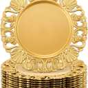 12 Pcs Vintage Gold Charger Plates Bulk 13 Inch Embossed Rim Plastic Round Decorative Plates Charger for Dinner Wedding Party Event Table Setting Decoration (Hollowed out Shell)
