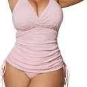 Floerns Women's Plus Size Honeymoon Vacation Outfits Textured Tankini Top Halter Tie Backless Drawstring Swimsuit Tops Pink Large Plus