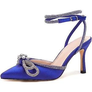 VETASTE Women's Double Bow Pointed Toe Ankle Strap Crystal Pumps Wedding Bridal Party Stilettos Backless Satin Heeled Sandals 9