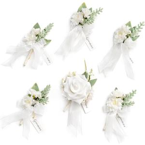Ling's moment Boutonniere for Men, 6pcs Groom Groomsmen Boutonniere, Artificial Flowers for Wedding Decor/Prom/Homecoming, etc.Snow White