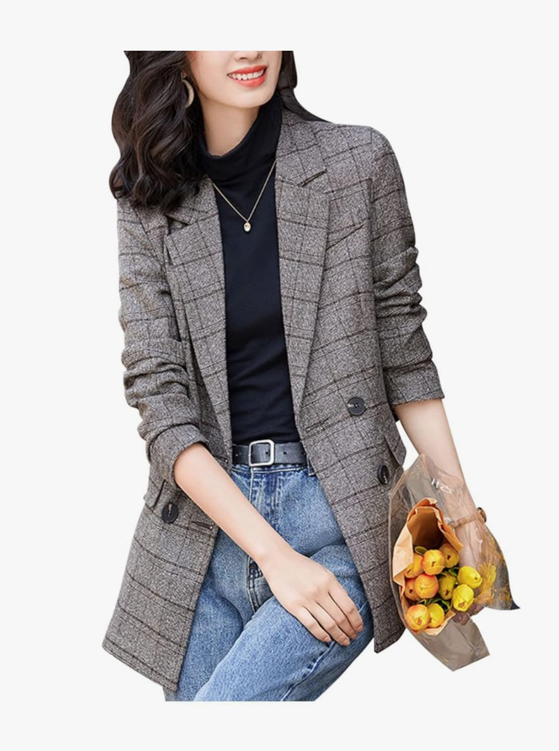 ebossy Women's Notch Lapel 2 Button Boyfriend Blazer Suit Houndstooth Plaid Jacket Coat Size L