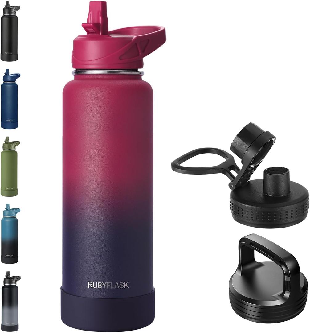 40oz Insulated Water Bottle with Straw, Stainless Steel Metal Vacuum Water Flask, Large Thermal Water bottle with Leakproof 3 Lids for Travel, Camping, Gym Sports Dark Rainbow