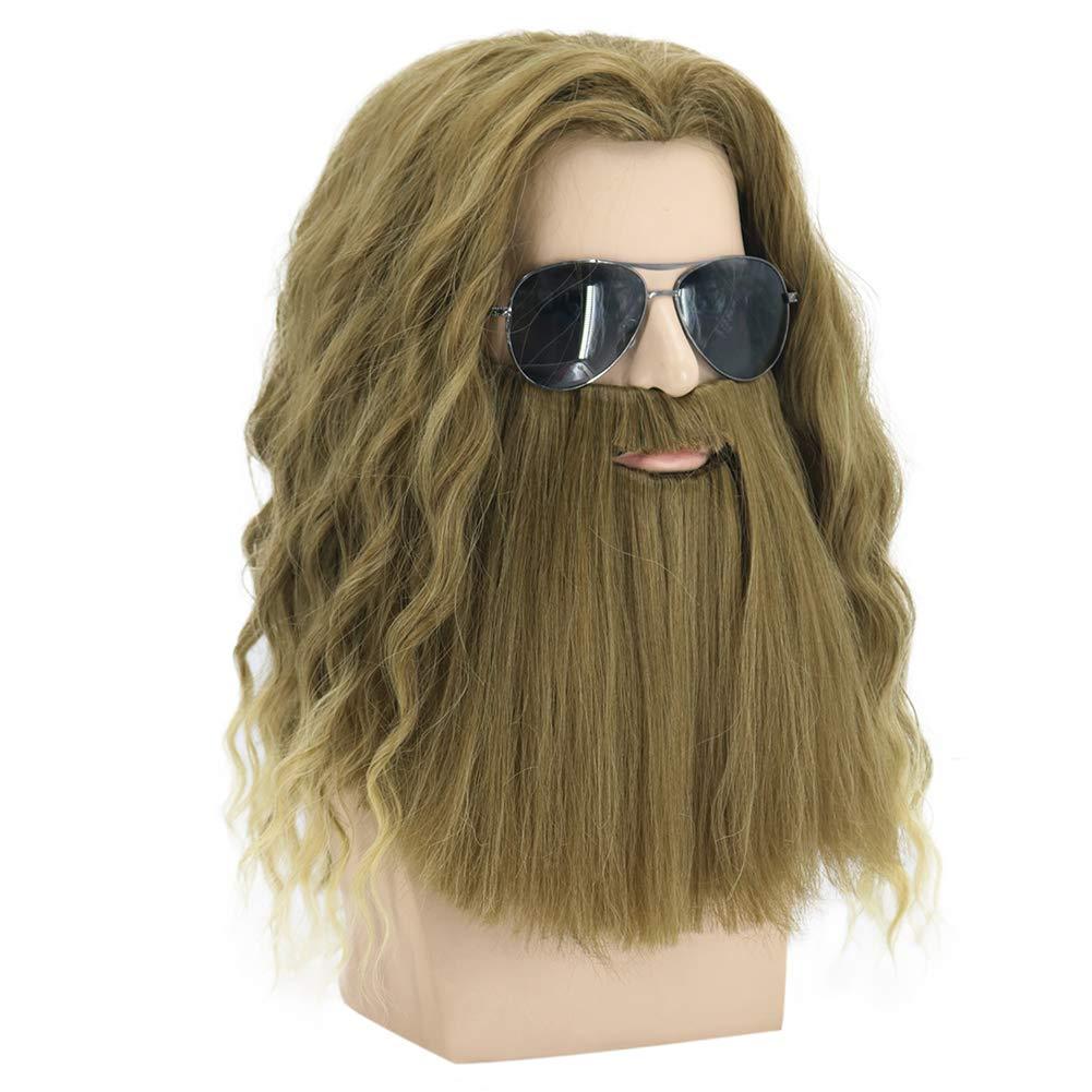 Beard Wig Men Long Curly Wig Golden Brown Wig with Beard Men's Halloween Costume Accessory Cosplay Party Wig (Golden Brown)