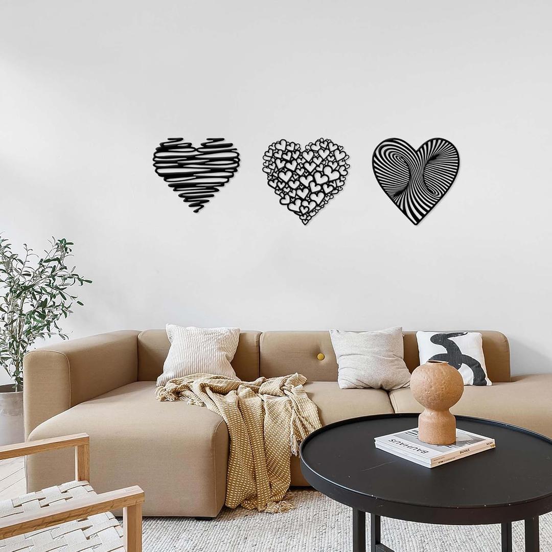 YATEASLU Set of 3 Heart Metal Wall Decor Heart Designs for Bedroom, Living Room 11.8 x 11.8 Inches