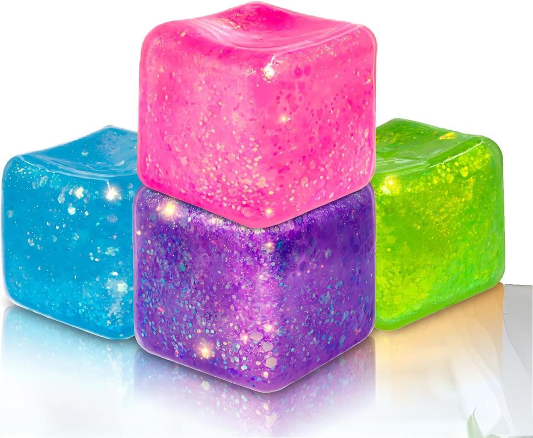 Slow Rise Glitter Square Squishy Cubes for Adults Pack of 4, Gel Ice Cube Stress Balls, Malt Sugar Nice Stress Cubes Sensory Squishy Squeeze Balls for Anxiety Relief(Blue/Purple/Pink/Green)