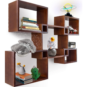 Comfify Modern Wall Mounted Square Shaped Floating Shelves – Set of 5 Square Shelves for Bathroom, Bedroom, Living Room & More – Rustic Wall Decor Display for Home  Brown