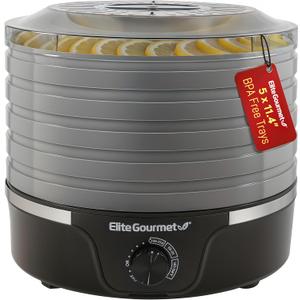 Elite Gourmet EFD319BNG Food Dehydrator, 5 BPA-Free 11.4" Trays Adjustable Temperature Controls, Jerky, Herbs, Fruit, Veggies, Dried Snacks, Black and Grey, 5 Trays