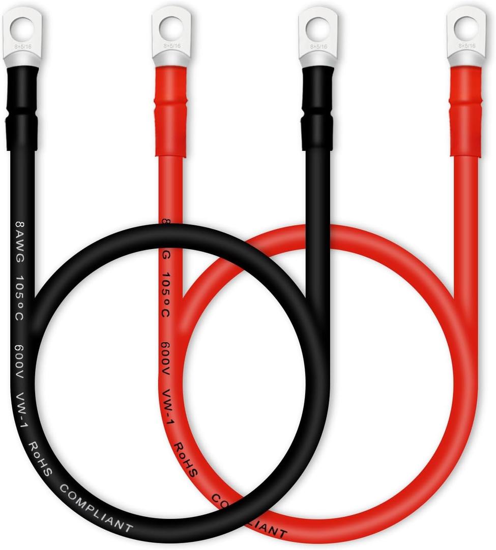 8 AWG Battery Cable With Terminals, 2PCS Copper Cables