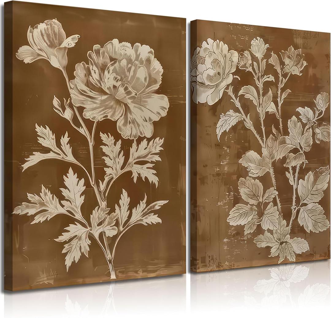 2Pcs Rustic Farmhouse Floral Canvas Wall Art Vintage Botanical Poster Print Retro Countryside Brown Floral Picture Modern Neutral Rural Painting Wall Decor for Living Room Bathroom 16x24in Framed, 24L" x 16W"