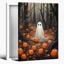 Vintage Halloween Wall Art Ghost in the woods with pumpkins Poster haunting ghost Canvas print dark academia gothic oil painting for Halloween Party House Room Decor 8x12inch Framed