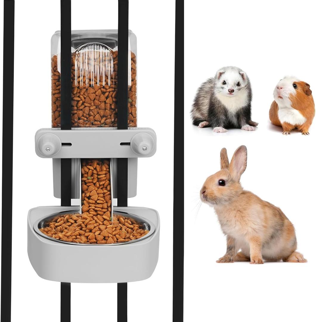 Kenond 55oz Hanging Automatic Rabbit Feeder, 1.6L Large Capacity Gravity Food Dispenser with Stainless Steel Bowl,for Dog, Cat, Ferret & Medium-Small Animals,Fits Widemouth Cages& Wire Cages & Crates