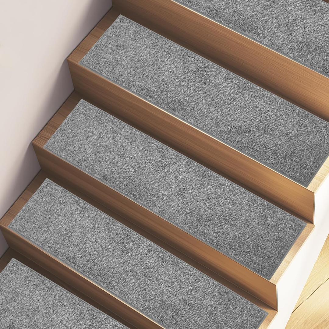 Self-Adhesive Non Slip Carpet Stair Treads 8"x 30" (7 PCS), Machine Washable Stair Rugs for Steps, Safety Stair mats for Dogs, Kids & Elderly (Light Grey)