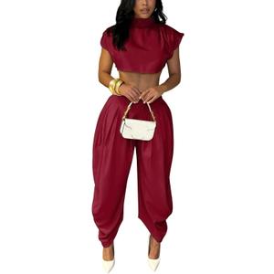 Ekaliy Casual Two Piece Sets For Women Mock Neck Short Sleeve Crop Tops and Palazzo Pants Set Summer Outfits (Red, L)