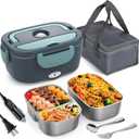 Electric Lunch Box Food Heater, 3 in 1 Ultra Quick Heated Lunch Boxes for Adults, 12V/24V/110V Portable Food Warmer for Car/Truck/Office With Fork Spoon and Insulated Carry Bag (Gray 2 SS Containers)