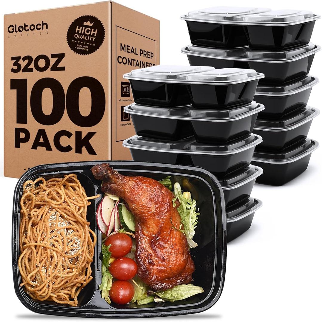 100 Pack (200-Piece)32 oz Meal Prep Containers,2-Compartment Reusable Food Storage Containers with Lids,Microwave Freezer Dishwasher Safe,Sturdy Leakproof&BPA Free Bento Box for To Go Take Out
