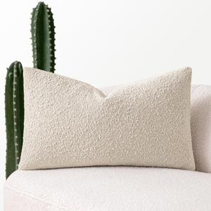 MIULEE Textured Boucle Throw Pillow Cover Beige Accent Solid Lumbar Pillow Case Decorative Soft Pack of 1 Couch Cushion Chair Sofa Bedroom Livingroom Home Decor, 12x20 Inch