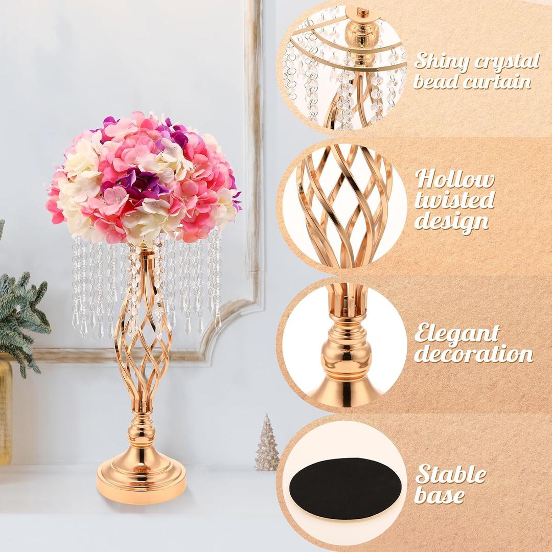 Wesiti 10 Pcs Crystal Gold Flower Stand Elegant Metal Flower Arrangement Stand with Chandelier Crystals 17.7" Tall Gold Vase for Centerpieces Wedding Reception Hotel Favor