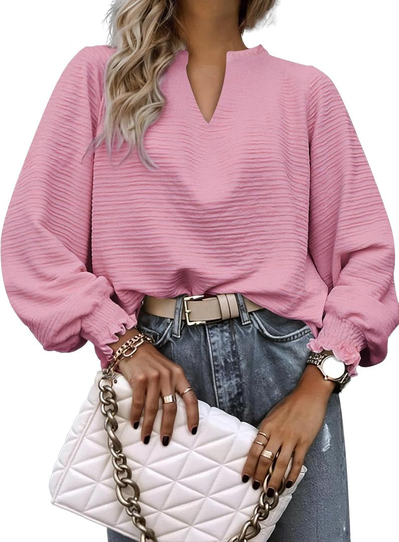 Womens Tops Dressy Casual Long Sleeve Shirts Loose V Neck Business Work Tunic Blouses (Pink, S)