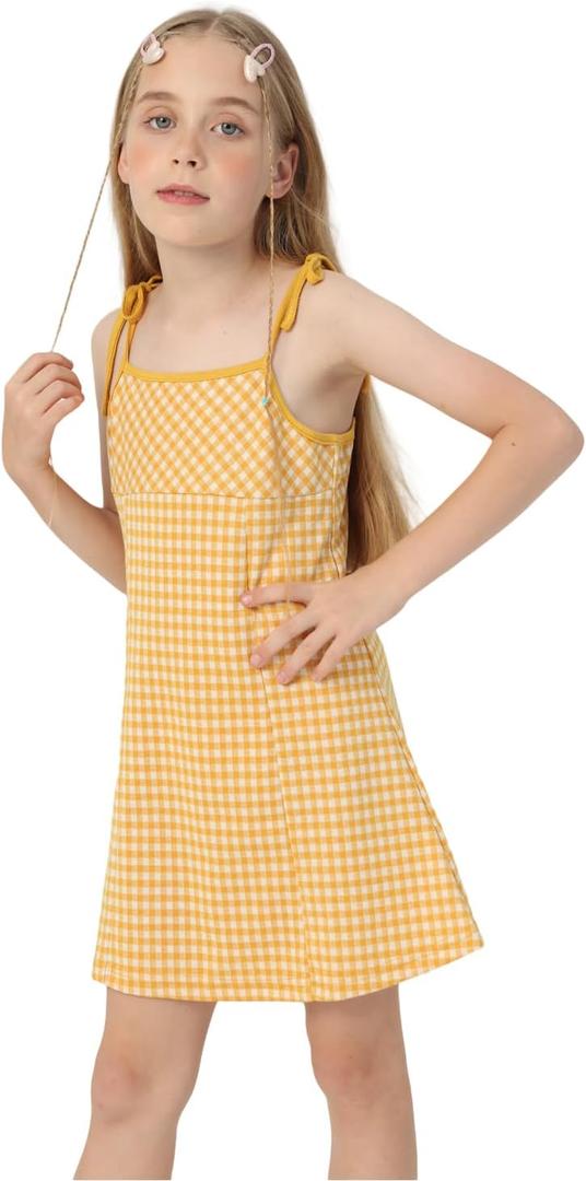 Girl's Dress, Mini Checkered Dress Sleeveless for Girl, Summer Gingham Sling Strap Sundress Age 4-13 (Yellow)