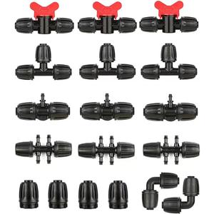 Drip Irrigation Fittings Kit for 1/2 Inch Tubing -18 Pieces Set- 3 Tees,3 Switch Valves,3 T Connectors,2 Elbows,3pcs 1/2" to 1/4" tubing Reducers,4 End Cap, Barbed Locked Nuts Connectors