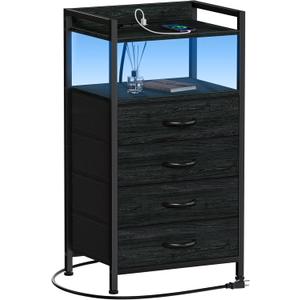 Furnulem Night Stand with Charging Station, Black Nightstand with Drawers and Led Light, Tall Dresser for Bedroom, Bedside Table with Fabric Storage Bins, Metal Frame, Wood Furniture