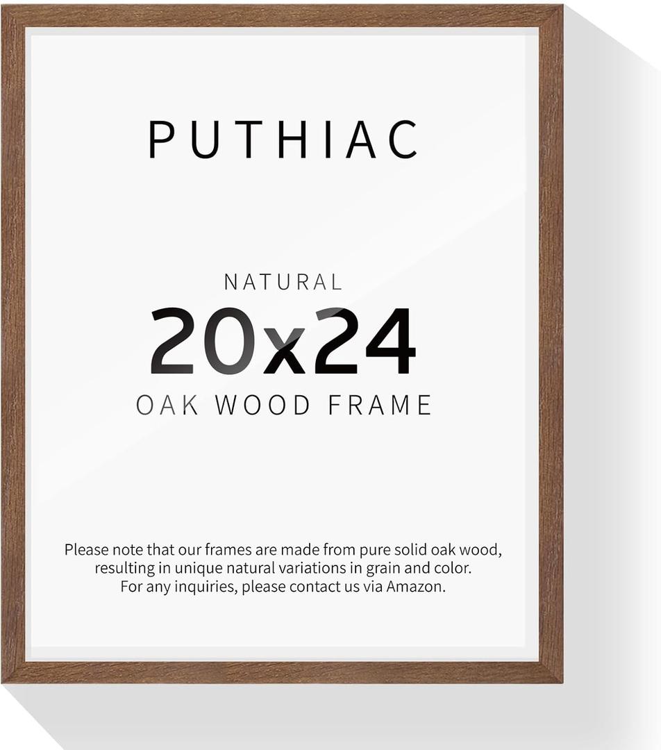 puthiac 20x24 Solid Oak Wood Picture Frame, Black, 1 PackMinimalist oak frame; fits 20 x 24 posters or art prints; wall display for bedrooms, living rooms, offices, or gallery walls