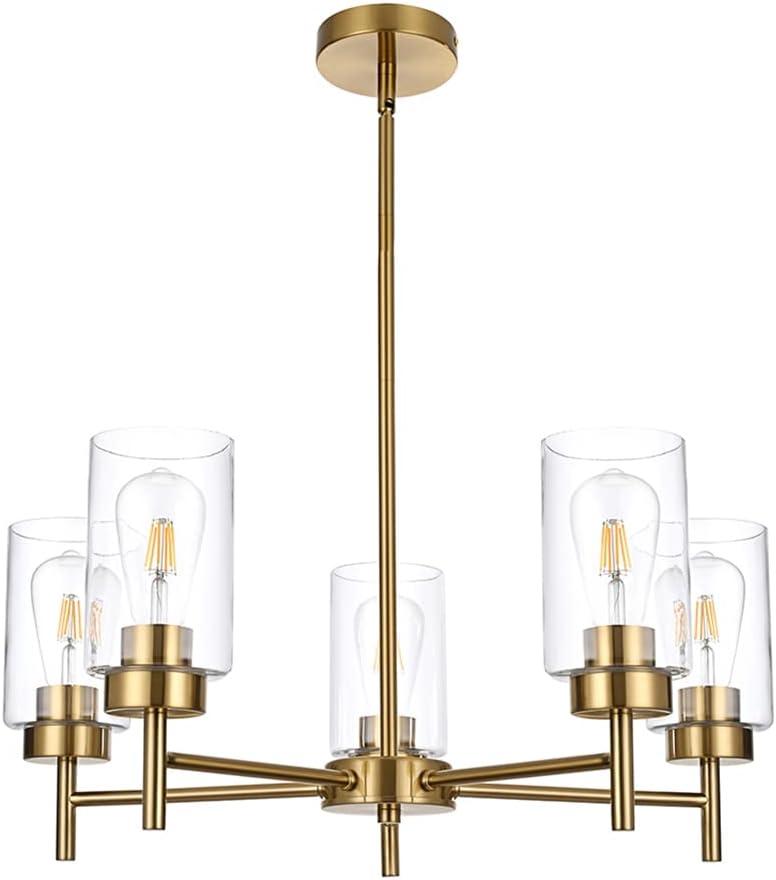 5-Light Farmhouse Chandelier for Dining Room Kitchen Island, Modern Chandeliers Brushed Brass Pendant Lighting Fixtures with Clear Glass Shades for Living Room, Bedroom, Foyer (Gold)