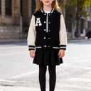 Girls 2 Piece Outfits Skirt Set Button Up Baseball Jacket With Pleated Skirt Set Preppy Fall Winter Clothes 3-12Years (Black)