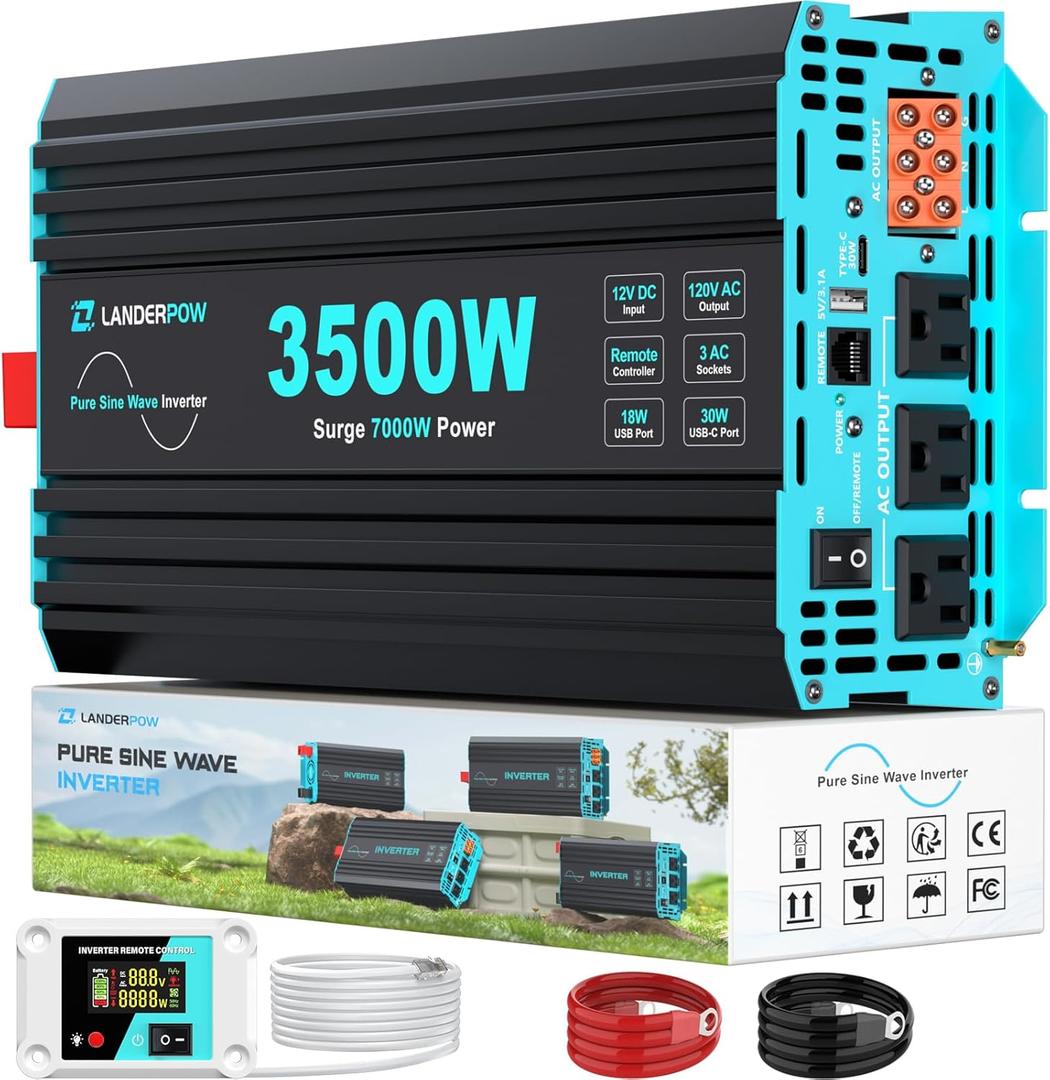Pure Sine Wave 3500W Power Inverter 12V DC to 120V AC for RV, Truck, Home, Off-Grid, Solar, Inverter with 3 AC Outlet, 30W USB-C, 5V 3.1A USB, Hardwire Port, 15FT Remote Control, Surge 7000W