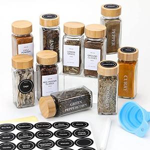 NETANY 23 Pcs Glass Spice Jars with Bamboo Lids, 4 oz Glass Jars with Minimalist Farmhouse Spice Labels Stickers, Collapsible Funnel, Seasoning Storage Bottles for Spice Rack, Cabinet, Drawer