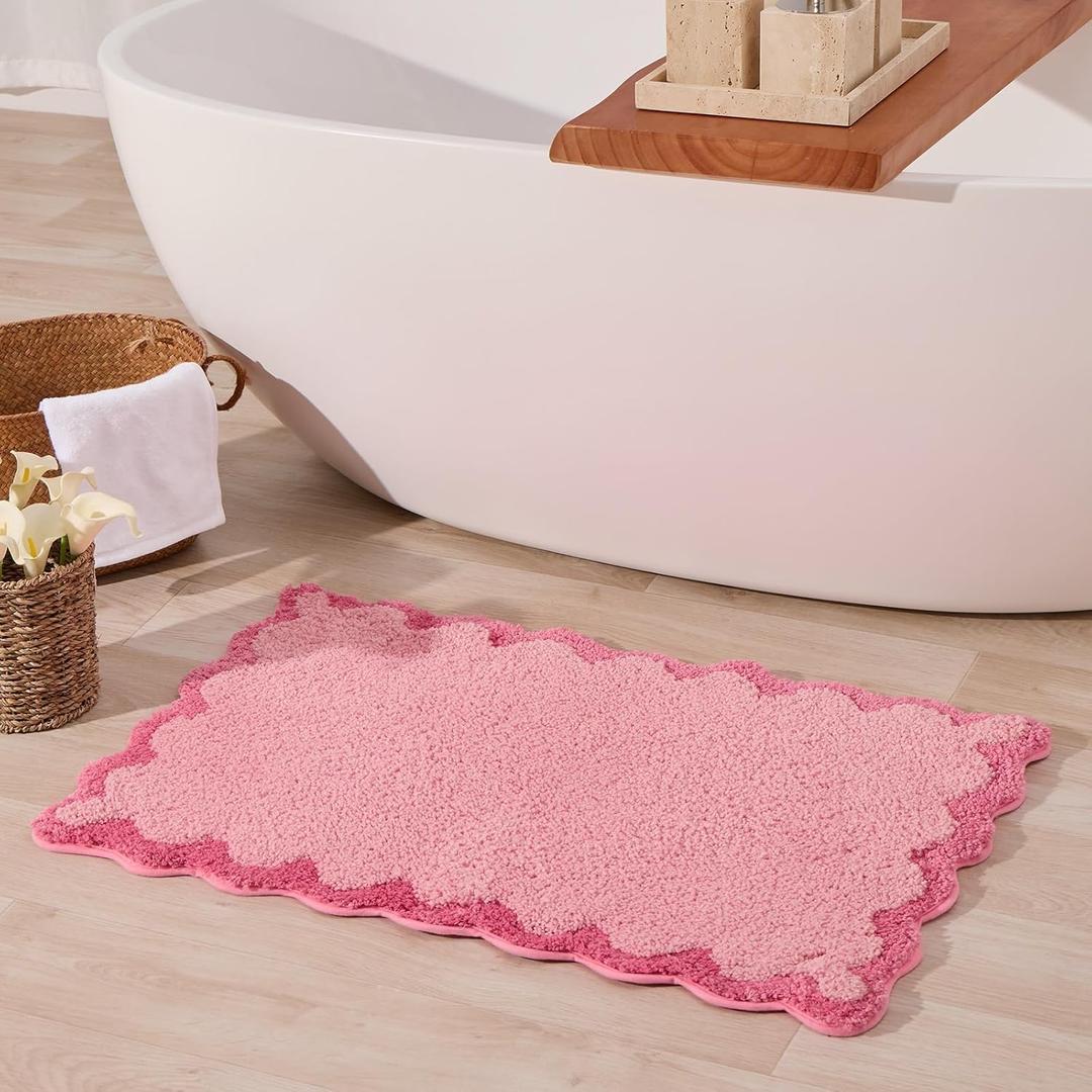ORTIGIA Cute Pink Scalloped Bath Mat, Fun Plush Microfiber Scallop Bathroom Rugs Non Slip Washable Quick Dry Absorbent, Bathmat Bath Rug Carpet for Shower Stall Vanities Kitchen Floor Entrance, 20x32 (1'8" x 2'8" (Rectangular))