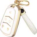 Lucrum Compatible with Cadillac Escalade Key Fob Cover & Leather Keychain, 5 Buttons Keyfob Case for ATS CTS CT6 SRX XT4 XT5 XT6 - (2015-2023) - White and Gold