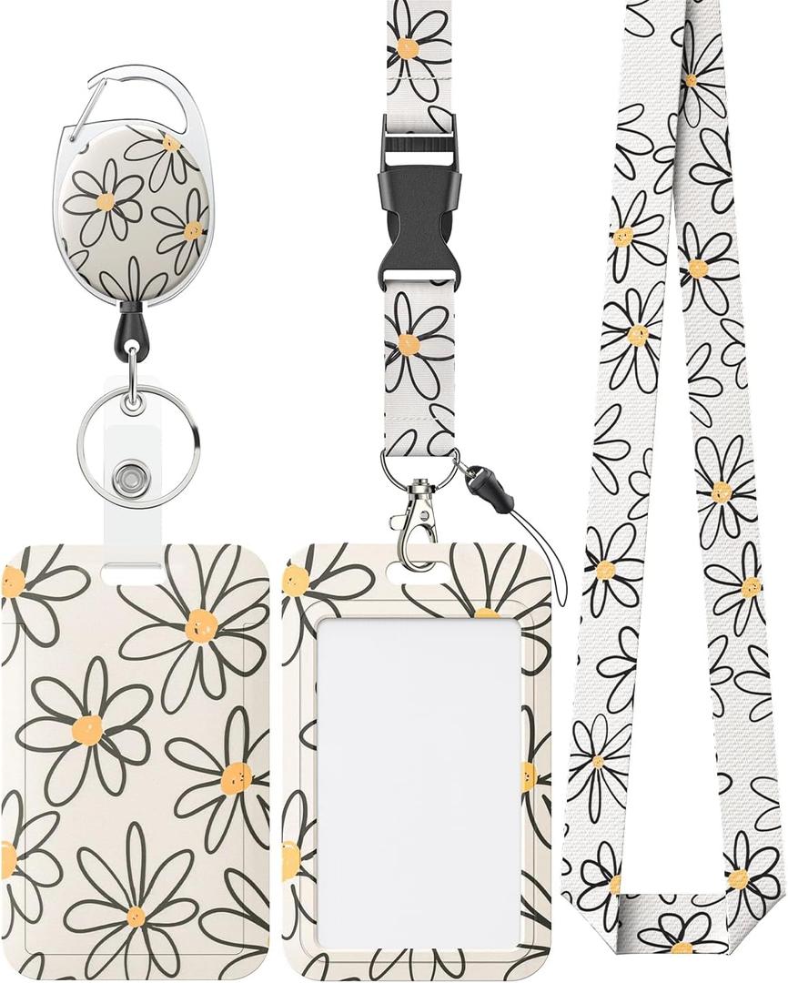 Uniclife Floral Sliding Badge Holder White Flower Plastic Case with Retractable Badge Reel Carabiner Clip & Detachable Lanyard Strap Fashionable Vertical Card Protector for Women Nurse Teacher Student (Beige Base Daisy)
