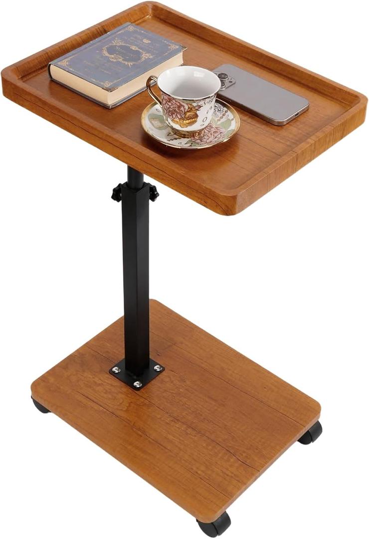 YYW Adjustable C Shaped End Table with Wheels - 360 Swivel TV Tray Table for Sofa/Bed/Bathtub, Slide Under Couch, Height Adjustable (17.7-31.5 Inches),Living Room, Bedroom, Study (raw Wood Color)