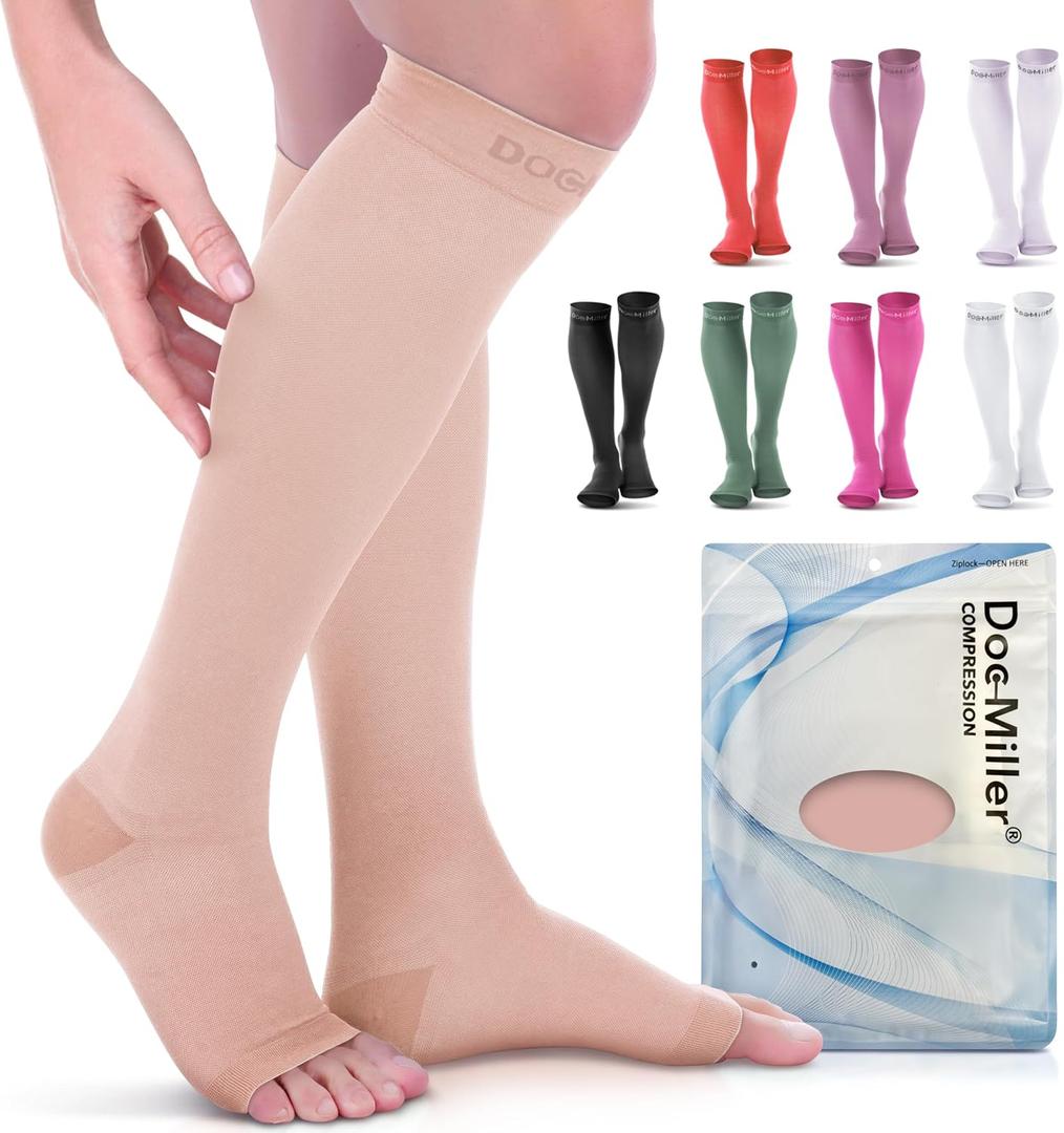 Doc Miller Open Toe Compression Socks, 20-30 mmHg, Toeless Compression Sleeves for Legs, Knee High Stockings for Shin Splints, Varicose Veins, Travel, Calf Support & Muscle Recovery, Men & Women, Pair, X-Large, Skin/Nude