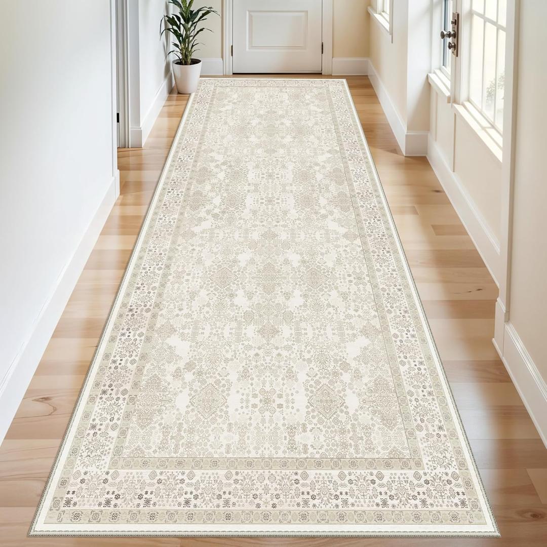 4x10 Rug Runner Non Slip: Washable Area Rugs for Wide Hallway - Soft Vintage Farmhouse Runners for Kitchen Bedroom Dining Room Living Room Entryway - Stain Resistant Low-Pile Thin Carpet Pinkish Ivory