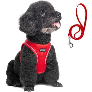 Fida Comfy Dog Harness with Leash, Soft Puppy Vest Escape Proof, Breathable Lightweight Soft Mesh, Adjustable Reflective Step-in Harness for Small & Medium Pet Walking (M, Red)