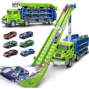 Toddler Car Truck Toys,Car Carrier Truck Toys for Kids Age 3-5 4-8,Foldable Car Track Sets with 2.8-Ft Race Track and 6 Die-Cast Race Cars, Truck Toys Gifts for 3 4 5 6 7 8+ Year Old Boys Girls(Green)