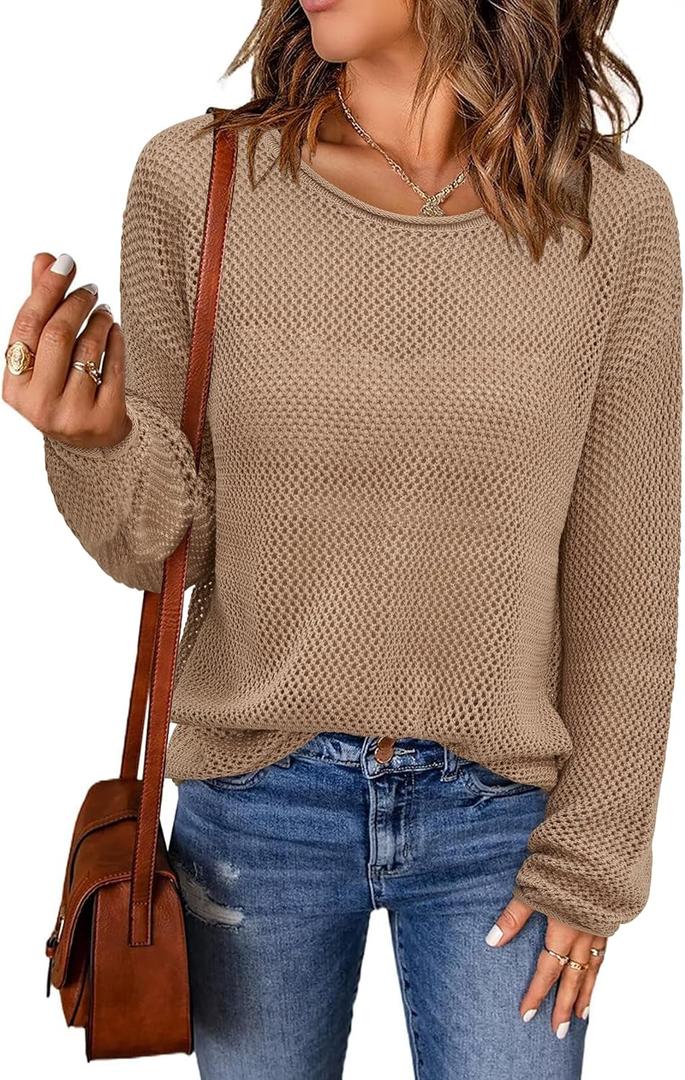Arach&Cloz 2025 Womens Crochet Tops Wool Blended Sweaters Lightweight Long Sleeve Crew Neck Spring Fashion Knit Outfits (Brown, XL)