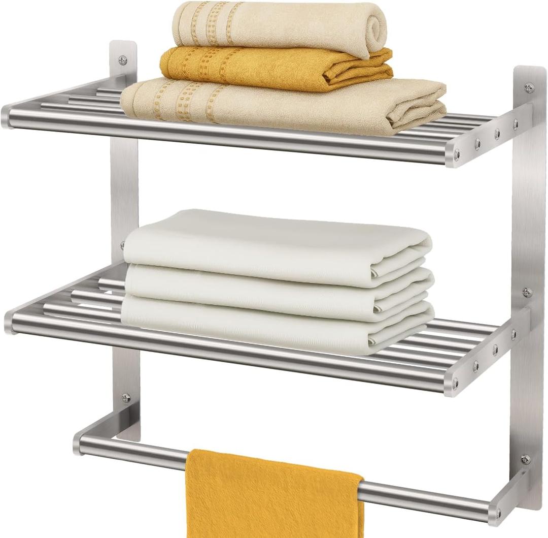 BETHOM Towel Shelf for Bathroom Wall Mounted, 3-Tier Hotel Style Towel Rack with Towel Bars, Brushed Nickel Towel Racks for Bathroom Lavatory, 16 Inch