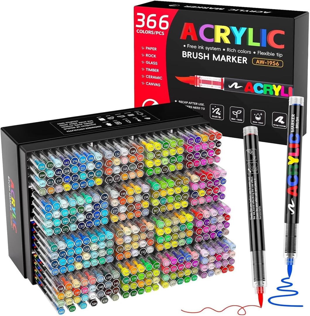 366 Colors Acrylic Paint Marker with Automatic Ink Control System | High Quality Ink, Quick Dry, No Bleed, High Opacity Brush Tip for Rock, Wood, Canvas, Glass, Ceramic DIY Art Crafts