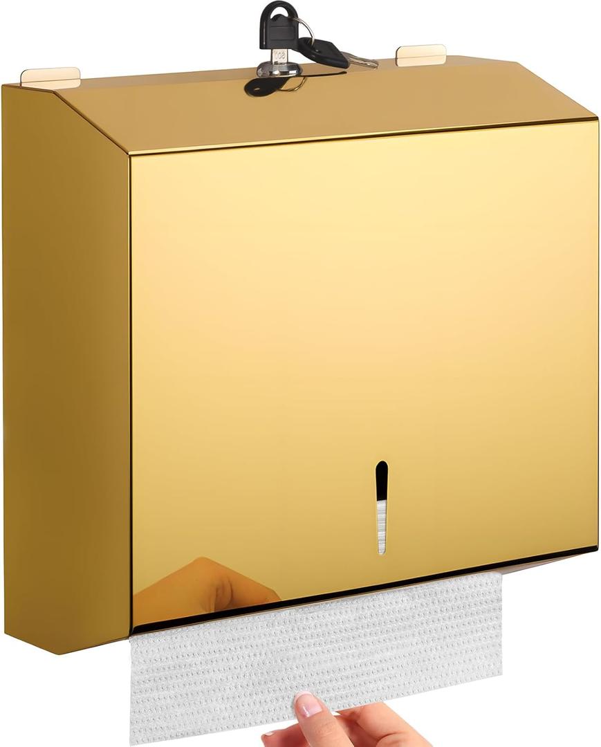 Wall Mounted Stainless Steel Paper Towel Dispenser with Lock, Polished Mirror Finish, Fits C-Fold, Tri-Fold and Multi-Fold Hand Towels, Commercial Restroom & Bathroom Use (Medium-gold)