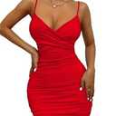 CUTEMOOT Women's 2024 Sexy V Neck Spaghetti Straps Wrap Ruched Sheath Bodycon Cocktail Dress Evening Party Night Club Dresses (S/M, Red)
