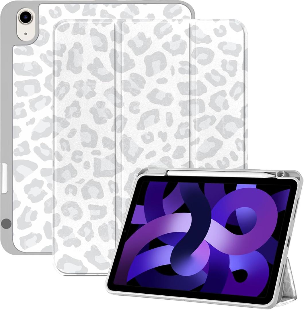 Compatible with iPad Air Case 11 Inch M3 2025,M2 2024 5th/4th Generation 10.9 Inch (2022/2020) with Pencil Holder TPU Back Case Auto Sleep/Wake Cover Cute Women Girls-Gray Leopard Cheetah (Grey White-C9)