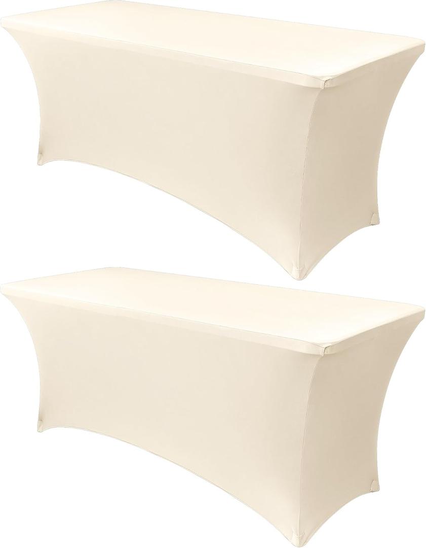 Obstal 8Ft Stretch Spandex Table Cover for Standard Folding Tables - 2 Pack Universal Rectangular Fitted Tablecloth for Party, Banquet, Events, Trade Show (Cream, 96L x 30W x 30H Inches) (8 Ft | 2 Pack, Cream)