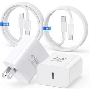 45W Super Fast Charger USBC for iPhone 16/15 (Pro/Pro Max/Plus/16e), 6+10FT Type C Fast Charging Cable Cord &Android Charger Block for Samsung Galaxy S24 S23 S22 S21 Ultra/+,Tab S10 S9 S8,iPad Pro/Air (White)