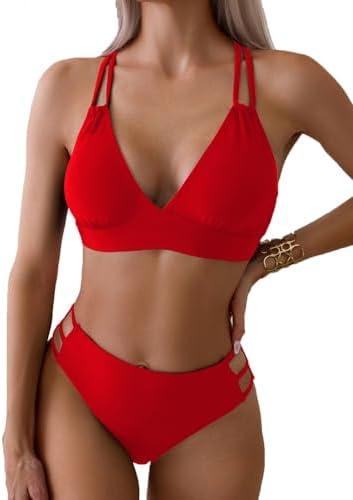 Tainehs Women's Push Up V Neck Bikini Sets Criss Cross Back Two Piece Bathing Suit M