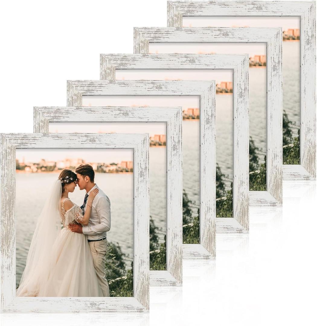 iRahmen 8x10 Picture Frame Set of 6, White Rustic Frame with High Definition Real Glass, 8 x 10 Wood Photo Frames for Tabletop Display and Wall Mounting