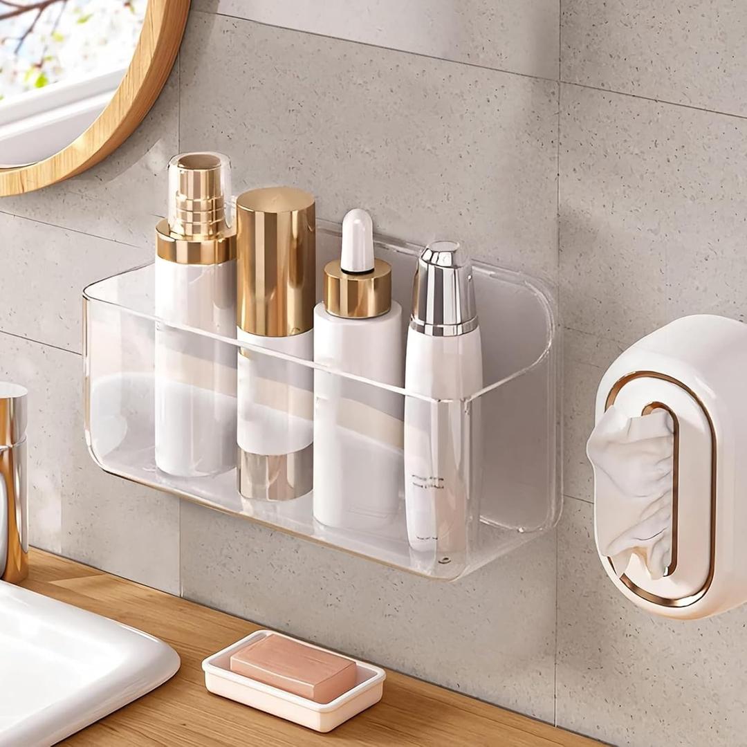 Acrylic Wall Mount Organizer, 10.6"D x 5"W x 6"H, Large Size Adhesive Wall Self, Shower Caddies Organizer, Bathroom Shelves Wall Caddy with Self Adhesive Tape, for Bathroom, Kitchen, Bathtub (clear-big basket)